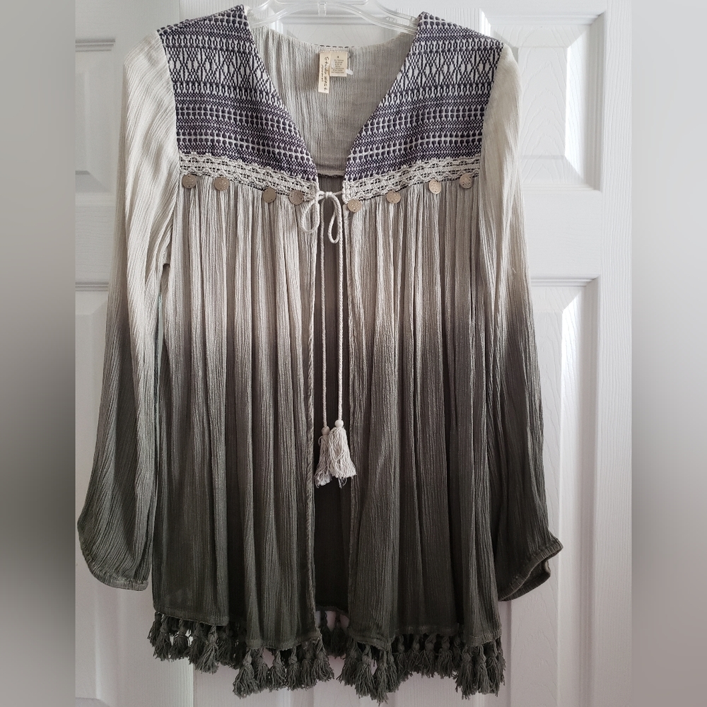 Studio West Boho Dip Dye Long Sleeve Tassled Cardigan Over shirt NWOT
